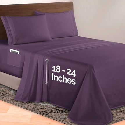 Elegant Comfort Luxurious 1500 Premium Hotel Quality Microfiber 4-Piece Sheet Set, 18-24 Inches Deep - Extra Deep Pocket Sheets - Ultra Soft 4PC Deep Pocket Sheets, California King, Eggplant-Purple