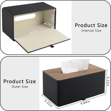 RHCSZ High-end Pu Leather Tissue Box Holder Two Color Combination-Linen and Wood Grain,Rounded Rectangle Napkin Paper Case Dispenser for Home Bathroom Dresser Offices Car Tissue Cover (Black)
