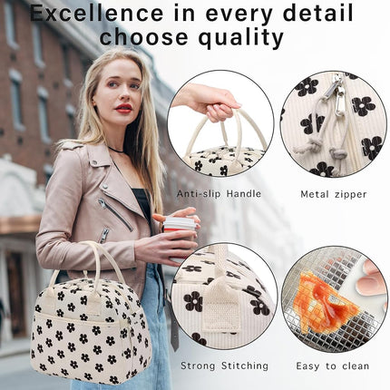 Carry Bloom Lunch Box for Women, Insulated Lunch Bag Cute Corduroy Lunchbag Reusable Lunchbox for Work (Flower Black)
