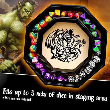 Fantasydice-Chromatic- Dragon Dice Sword - Dice Tray - 8" Octagon with Lid and Dice Staging Area- Holds 5 Sets(7 Dice Set/Standard) for All Tabletop RPGs Like D&D, Call of Cthulhu, Shadowrun.