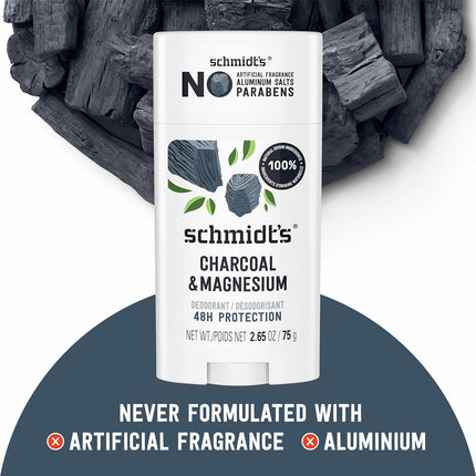 Schmidt's Aluminum Free Natural Deodorant for Women and Men, Charcoal & Magnesium with 24 Hour Odor Protection, Certified Natural, Vegan, Fresh, 2.65 Oz, Pack of 2
