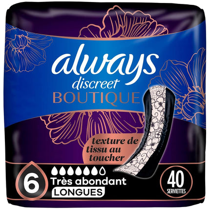 Always Discreet Boutique, Incontinence & Postpartum Pads for Women, Size 6, Extra Heavy Absorbency, Long Length, 20 Count x 2 Pack (40 Count Total)