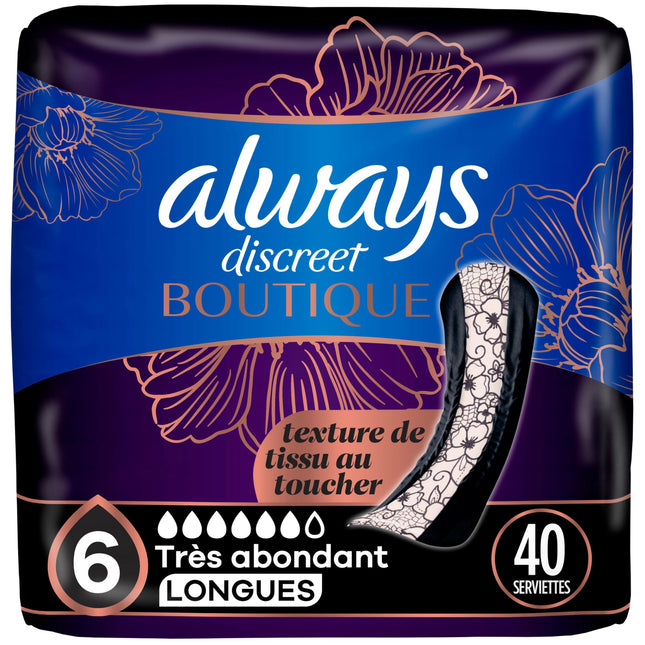 Always Discreet Boutique, Incontinence & Postpartum Pads for Women, Size 6, Extra Heavy Absorbency, Long Length, 20 Count x 2 Pack (40 Count Total)