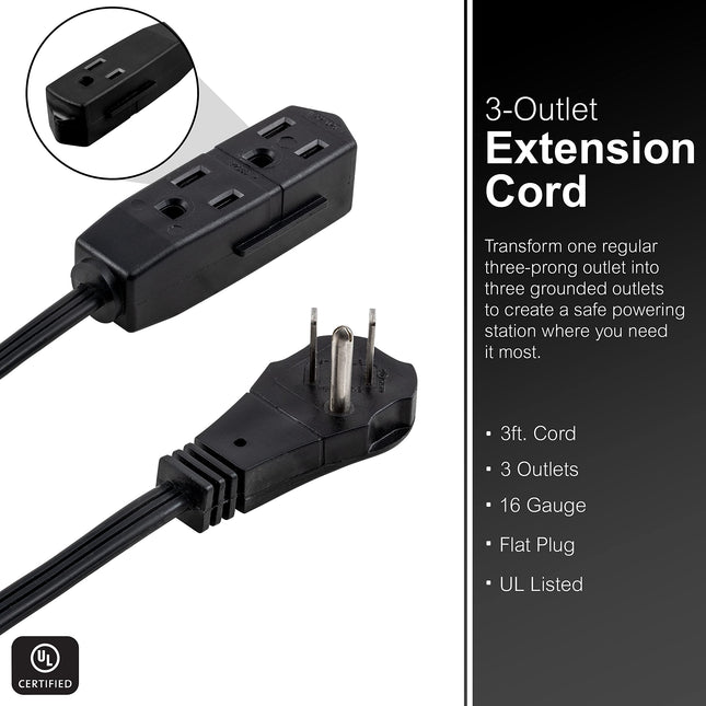 GE 3-Outlet Flat Extension Cord 3 Ft Grounded Extension Cord with Multiple Outlets 3 Prong Outlet Extender Flat Plug Power Strip Indoor Extension Cord 16 Gauge UL Listed Black 69877