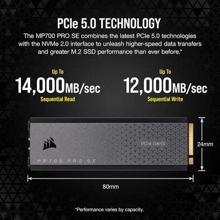 Corsair MP700 PRO SE with Air Cooler 4TB PCIe 5.0 x4 NVMe 2.0 M.2 SSD – M.2 2280 – Up to 14,000MB/sec Sequential Read – High-Density 3D TLC NAND – Black