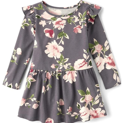 Robe décontractée à manches longues pour bébés filles et tout-petits The Children's Place, motif floral gris, taille 4T