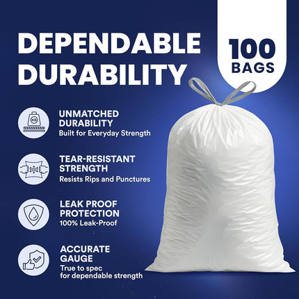 Plasticplace W8DSWHJR100 8 Gallon Trash Bags │ 0.7 Mil │ White Drawstring Garbage Can Liners │ 22" x 22" (100 Count)