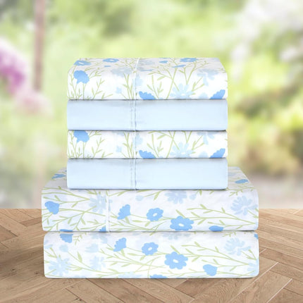 Elegant Comfort Softest and Coziest 6-Piece Sheet Set - 1500 Premium Hotel Quality Microfiber - Deep Pocket, Wrinkle Resistant 6-Piece Floral Bed Sheet Set, California King, Laurel Blue