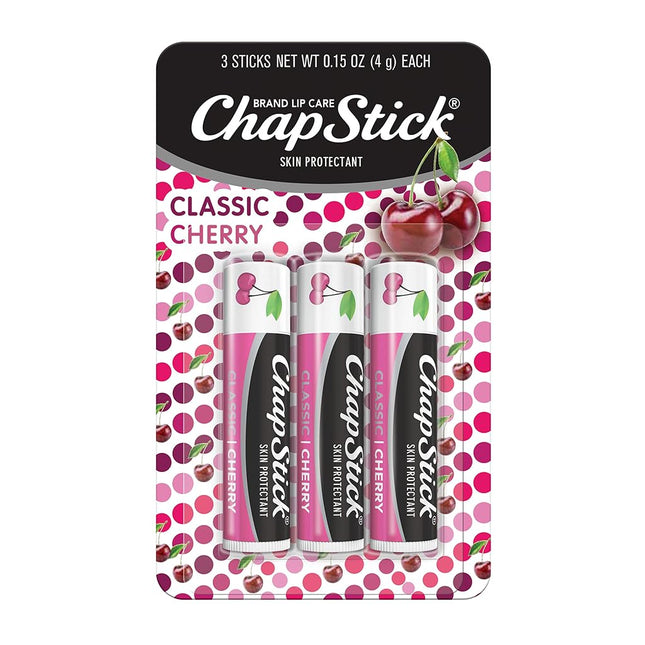 Chapstick 3 Pack, Cherry: Chapstick Classic (3 Sticks) Cherry Flavor Skin Protectant Flavored Lip Balm Tube, 0.15 Ounce Each