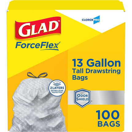 Glad 70427 ForceFlex Tall Kitchen Drawstring Bags 13 gal .90mil 24x25 1/8 White (Box of 100)