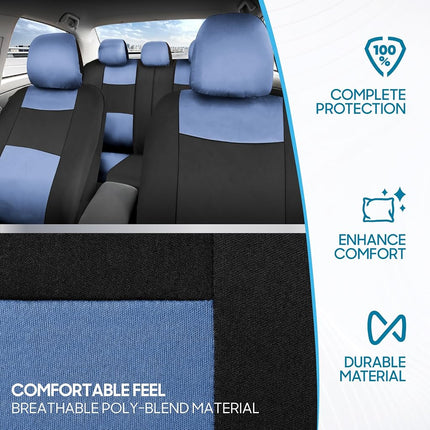 BDK PolyPro Car Seat Covers Full Set in Blue Gray on Black, Front and Rear Split Bench Seat Covers for Cars, Easy to Install Car Seats Cover Set and Accessories for Auto Trucks Van SUV - Blue Gray