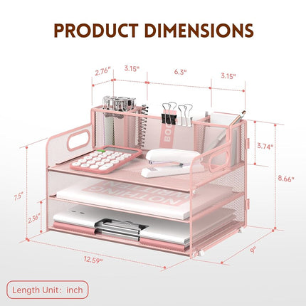 SUPEASY 3 Tier Desk Organizer with Handle & 3 Pen Holders, Mesh Paper/File Organizer for Desk, Paper Letter Tray Organizer for Office Supplies (Cute Pink)