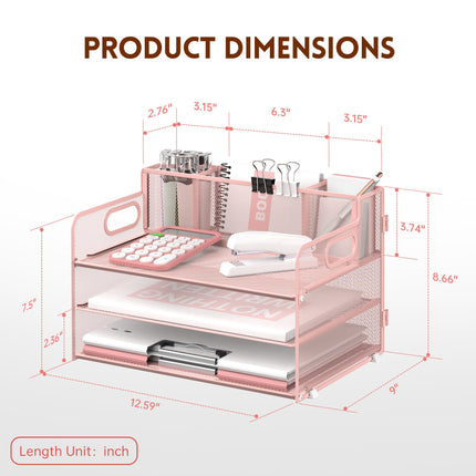 SUPEASY 3 Tier Desk Organizer with Handle & 3 Pen Holders, Mesh Paper/File Organizer for Desk, Paper Letter Tray Organizer for Office Supplies (Cute Pink)