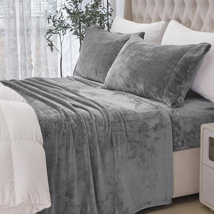 Elegant Comfort Luxuriously Soft 4-Piece Velvet Plush Flannel Sheet Set - Premium Quality - Cozy Warm, Anti-Static, Non Pilling Fuzzy Velvet Flannel Fleece Deep Pocket Sheet Set - Twin XL, Gray