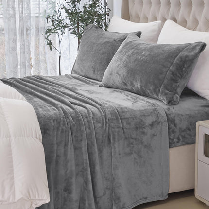 Elegant Comfort Luxuriously Soft 4-Piece Velvet Plush Flannel Sheet Set - Premium Quality - Cozy Warm, Anti-Static, Non Pilling Fuzzy Velvet Flannel Fleece Deep Pocket Sheet Set - Twin XL, Gray