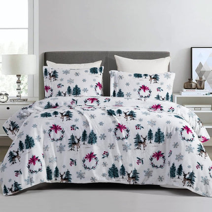 Elegant Comfort Luxuriously Soft 4-Piece Holiday Velvet Plush Flannel Sheet Set - Premium Quality - Cozy Warm, Christmas Fuzzy Velvet Flannel Fleece Deep Pocket Sheet Set - Twin XL, Christmas Wreath