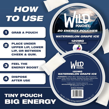 Wild 20 x 120mg Caffeine Pouches Nicotine Free Iced Watermelon/Grape - 1 x Can of Energy Pouches - Caffeine Pouch