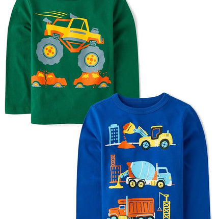 The Children's Place Baby Boys' and Toddler Vehicles Long Sleeve Graphic T-Shirts,multipacks, Vehicle Mix/Truck 2-Pack, 2T