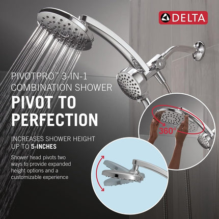 Delta 6-Setting PivotPro 3-in-1 Combination Shower Head with ProClean Spray, Chrome Round Shower Head Rainfall with Handheld Spray, 1.75 GPM, Chrome 75649