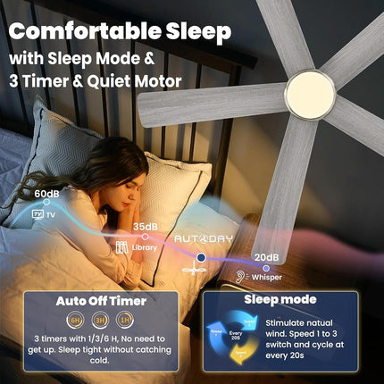 Autoday 52 Inch Ceiling Fans with Lights and Remote - Brushed Nickel Flush Mount Ceiling Fan with Light Low Profile, 6 Speeds, Quiet DC, 3CCT Dimmable, Indoor Outdoor Ceiling Fans for Patios Bedroom