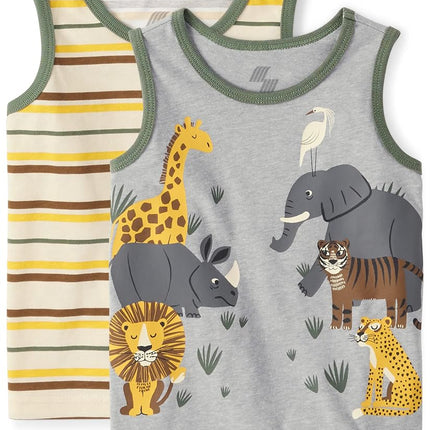 Lot de 2 débardeurs à motifs The Children's Place pour garçons, rayures vertes multicolores/animaux de safari, 12-18 mois