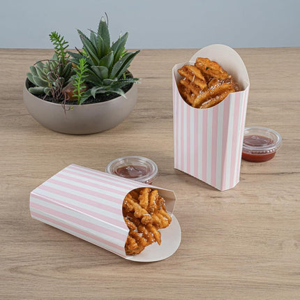 Bio Tek 4.7 x 3.5 x 5.1 Inch French Fry Cup, 100 Disposable Snack Cups - Stackable, Sustainable, Pink and White Paper 4 Ounce Fry Holder, for Fries, Onion Rings, Popcorn, or Cookies - Restaurantware