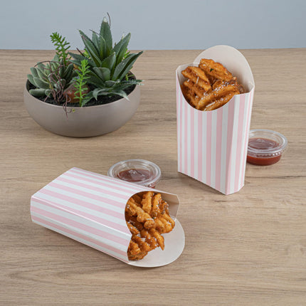 Bio Tek 4.7 x 3.5 x 5.1 Inch French Fry Cup, 100 Disposable Snack Cups - Stackable, Sustainable, Pink and White Paper 4 Ounce Fry Holder, for Fries, Onion Rings, Popcorn, or Cookies - Restaurantware