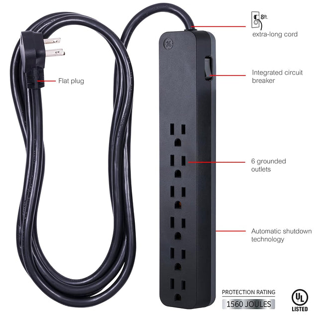 GE Pro 6-Outlet Surge Protector, 8 Ft Extension Cord, 1560 Joules, Power Strip, Flat Plug, Integrated Circuit Breaker, Wall Mount, UL Listed, Black, 37052