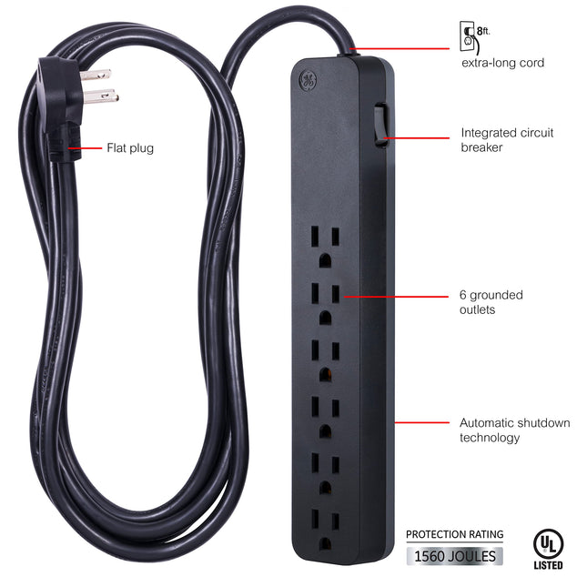 Protector de Sobretensión de 6 Salidas GE Pro, Cable de Extensión de 8 Pies, 1560 Joules, Regleta, Enchufe Plano, Disyuntor Integrado, Montaje en Pared, Listado UL, Negro, 37052