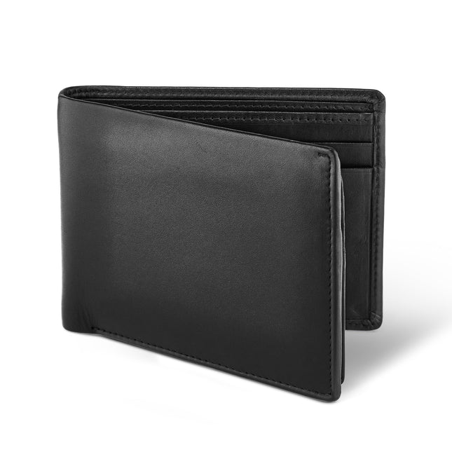 RFID Bifold Leather Wallet For Men with Flip Up ID in Vintage Buffalo Brown, With NO Logo - Smooth Nappa Black, Classic