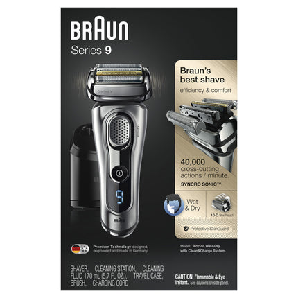 Afeitadora eléctrica de láminas para hombre Braun Series 9 con recortadora de precisión integrada en húmedo y seco y maquinilla de afeitar recargable e inalámbrica con estación Clean&Charge, 9291cc
