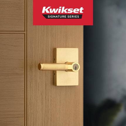 Manilla de puerta de entrada Kwikset Prava con cerradura y llave, manilla exterior reversible con llave de seguridad, para entrada principal y dormitorios, latón satinado, seguridad Smartkey Rekey resistente a robos y Microban