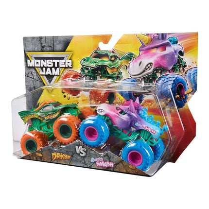 Monster Jam Official 1:64 Scale Diecast Truck 2-Pack Series 33 Dragon vs Sparkle Smash