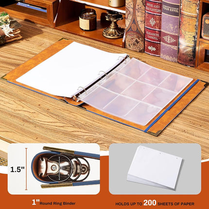 Ovesmusl Leather 3 Ring Binder Fits 8.5"x11" Letter Size Paper, 1 Inch Round Ring Binder Holds 200 Sheets, Notebook Cover Loose Leaf Organizer, Blue Tree