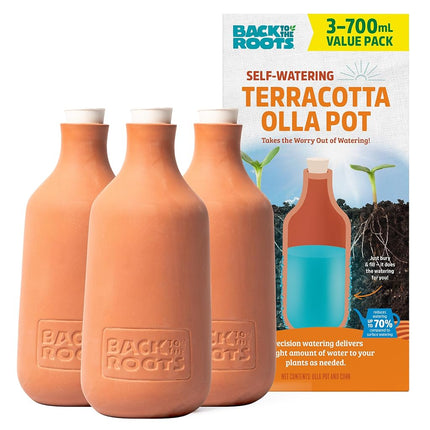 Back to The Roots Self-Watering Terracotta Olla Pot (Pack of 3), 700mL Provides 1 Week of Precision Watering
