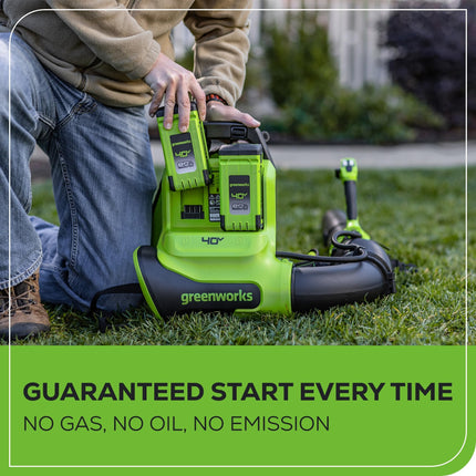 Soplador de Hojas de Mochila Inalámbrico Sin Escobillas Greenworks 40V (282 km/h / 20.1 m³/min) de Doble Puerto, (2) Baterías de 8.0 Ah y Cargador Incluidos