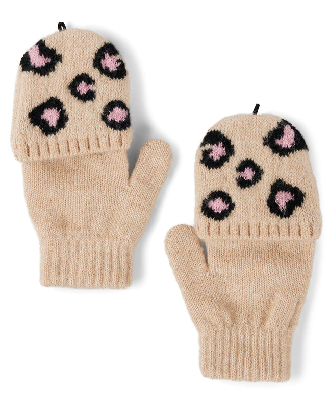 The Children's Place girls Winter Hat and Mittens Cold Weather Set, Latte Leopard Set, 4-7 Years