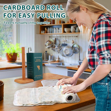 Gecocious Reusable Paper Towels, Washable, Roll of 24 Paperless Cotton Towels, Super Soft, Zero Waste Paper Towel Replacement