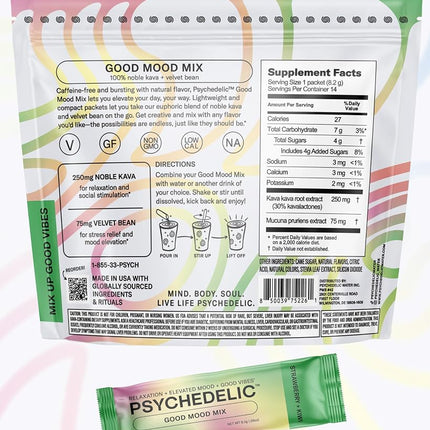 Psychedelic Water Good Mood Mix - Fruit Punch - Powder Packets - Calming Kava Drink Mix - Easy Open Single-Serving - Flavored Kava Powder - Mucuna Pruriens - Stevia - Adaptogen Drink Mix - 14 Stick