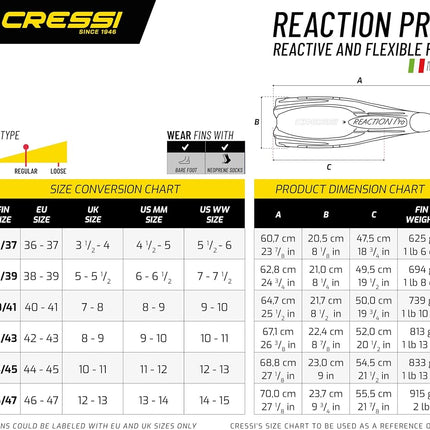 CRESSI since 1946 - Reaction Pro Full Foot Fins for Snorkelling Scuba Diving Freediving and Swimming Long Blade Flippers with Comfortable Fit Grip Sole for Adult Sea Use