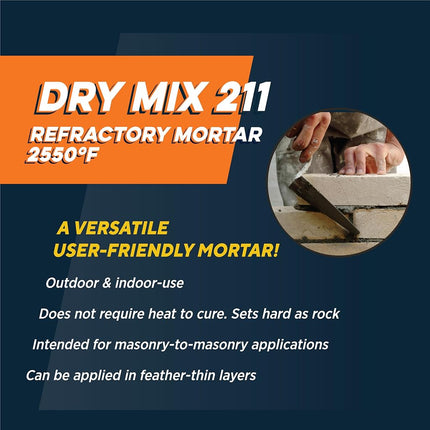 Rutland Dry Mix 211 Refractory Mortar 2.5 Pound - USA-Made High Temperature Mortar for Masonry - 2550 °F Fire Cement Patch for Fireplace Brick, Fire Pit, Kiln, Forge & Pizza Oven Repair
