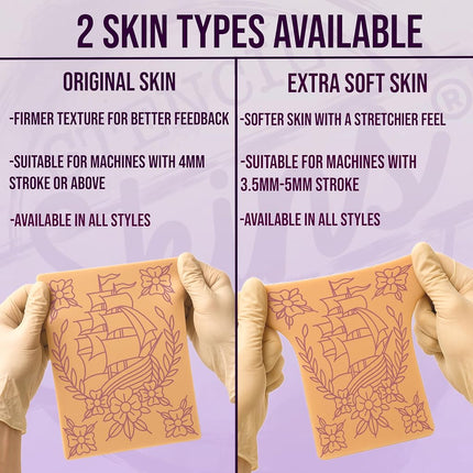 Stencil Skin 5 Pre Printed Tattoo Practice Skins Free Tutorial 3mm Fake Skins for Tattooing Traditional Set of 5, Extra Soft Skin
