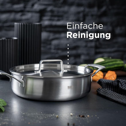 KUHN RIKON Olla baja de cinco capas Culinary, 24 cm/3 L, apta para horno con tapa de acero inoxidable. Cacerolas de inducción. Garantía de utensilios de cocina aptos para lavavajillas.