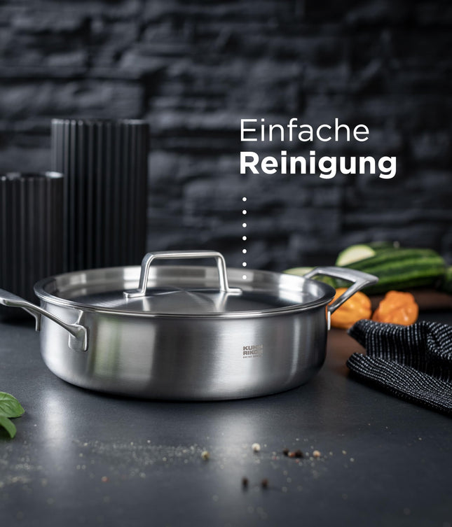KUHN RIKON Olla baja de cinco capas Culinary, 24 cm/3 L, apta para horno con tapa de acero inoxidable. Cacerolas de inducción. Garantía de utensilios de cocina aptos para lavavajillas.