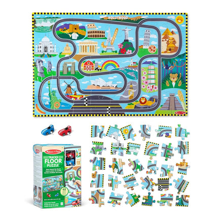 Melissa & Doug Race Around the World Tracks Cardboard Jigsaw Floor Puzzle and Wind-Up Vehicles | Educational Toys for Kids | Age 3+ - FSC Certified