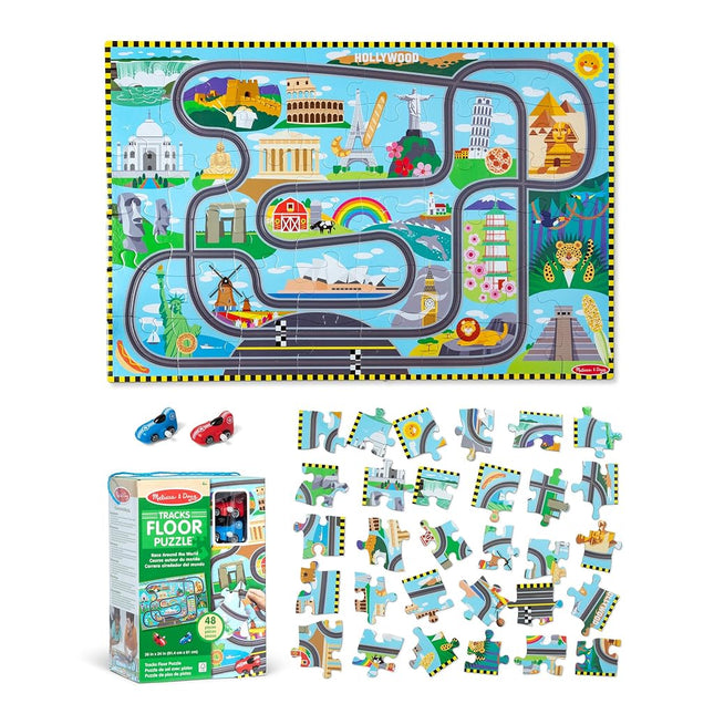 Melissa & Doug Race Around the World Tracks Cardboard Jigsaw Floor Puzzle and Wind-Up Vehicles | Educational Toys for Kids | Age 3+ - FSC Certified