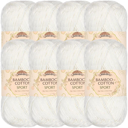 JubileeYarn Hilo Deportivo de Algodón y Bambú de 4 Capas - 50g/Ovillo - Blanco Algodón - 8 Ovillos