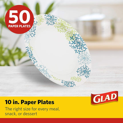 Glad Round Disposable Paper Plates for All Occasions | New & Improved Quality | Soak Proof, Cut Proof, Microwaveable Heavy Duty Disposable Plates | 10" Diameter, 50 Count Bulk Paper Plates