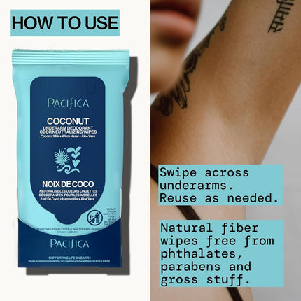 PACIFICA Lingettes déodorantes pour aisselles - Lait de coco et huile essentielle pour femme, 30 lingettes, BLANC, (Lot de 1)