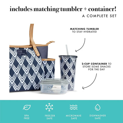 Bolsa de almuerzo aislada Navarto de Fit & Fresh para adultos con bolsillos laterales y asas de transporte, kit completo de almuerzo que incluye vaso a juego y recipiente de comida reutilizable, azul marino